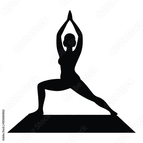 Black silhouette of woman in warrior yoga pose on mat warrior pose virabhadrasana
