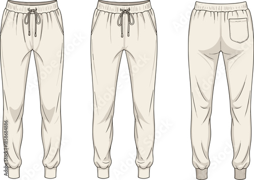 Technical fashion sketch of beige jogger pants, front, side, and back view, drawstring waist, patch pocket, ribbed cuffs, vector illustration