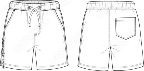 Technical fashion sketch of elastic waistband shorts, front and back view, drawstring, patch pocket, stitching details, garment design vector illustration
