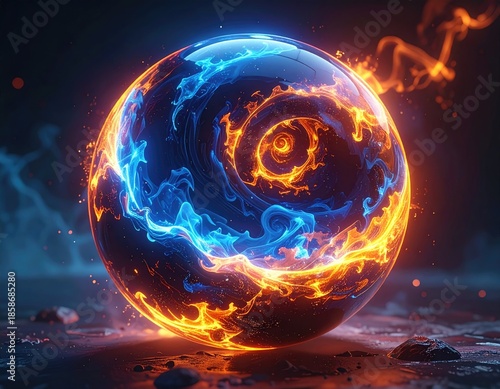 Glowing orb with blue and orange energy swirls