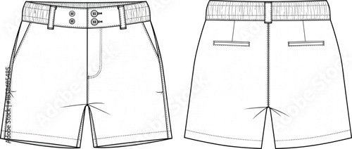 Technical fashion sketch of hybrid waistband shorts, front and back view, belt loops, welt pockets, stitching details, garment design vector illustration