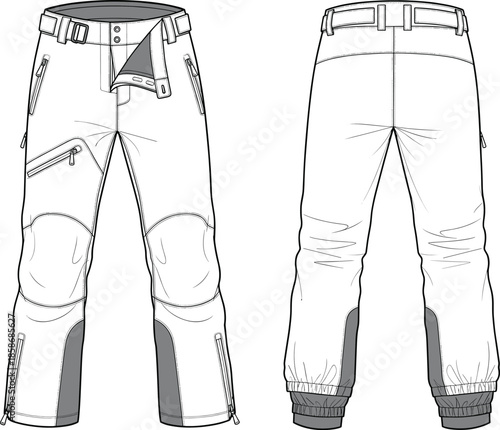 Technical fashion sketch of outdoor utility pants, front and back view, zip pockets, reinforced knees, elastic cuffs, vector garment illustration