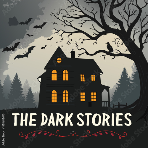 Halloween haunted house with pumpkins bats and spooky night sky illustration