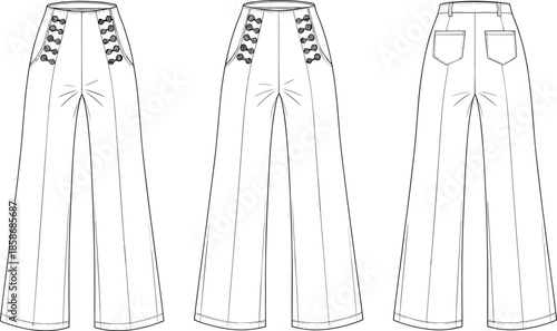 Technical fashion sketch of sailor-style wide-leg pants, front, side, and back view, button detail, patch pockets, vector garment illustration