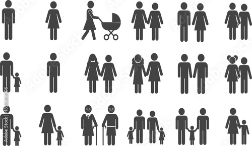 People and Family Silhouette Icon Set Featuring Diverse Social Groups and Relationship Concepts.