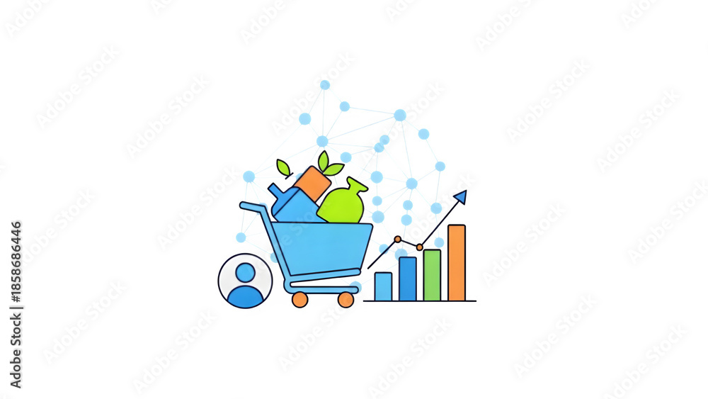 Obraz premium A colorful shopping cart with various items isolated on transparent background