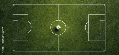 Aerial view of a soccer field with a ball at center