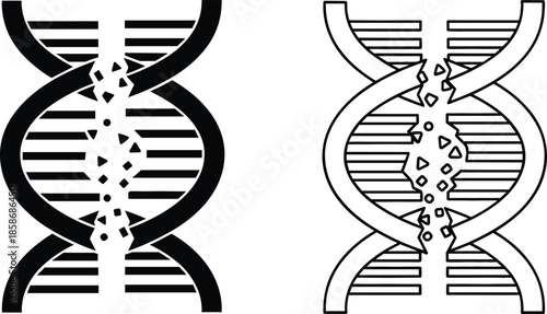 Black and White Vector Icon Set of a Damaged DNA Double Helix Strand, Illustrating Genetic Mutation, Disease, Cell Repair, and Medical Research.