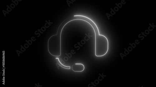 White  Neon Headset with Microphone and Glowing Sound Wave on Black Background