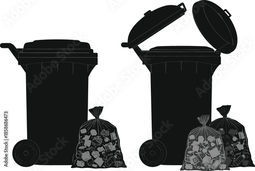 Black and White Silhouette Vector Set of Large Wheelie Bins (Trash Cans) with Lids Open and Closed, Surrounded by Bags of Garbage for Waste Management and Recycling.