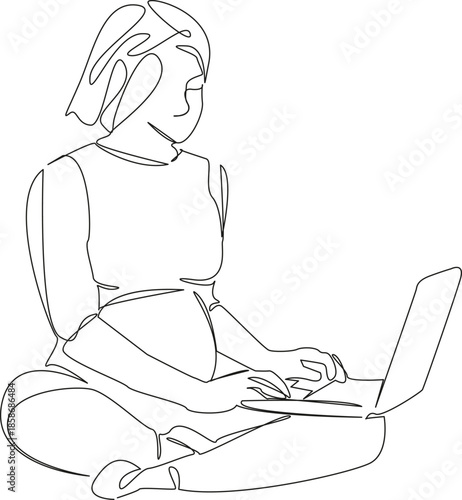 One continuous single drawing line art flat doodle woman, laptop, belly, maternity, pregnancy, computer, pregnant. Isolated image hand draw contour on a white background, hand drawn, not AI