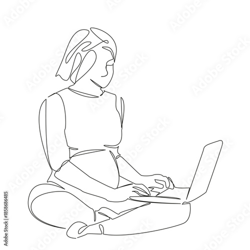 One continuous single drawing line art flat doodle woman, laptop, belly, maternity, pregnancy, computer, pregnant. Isolated image hand draw contour on a white background, hand drawn, not AI