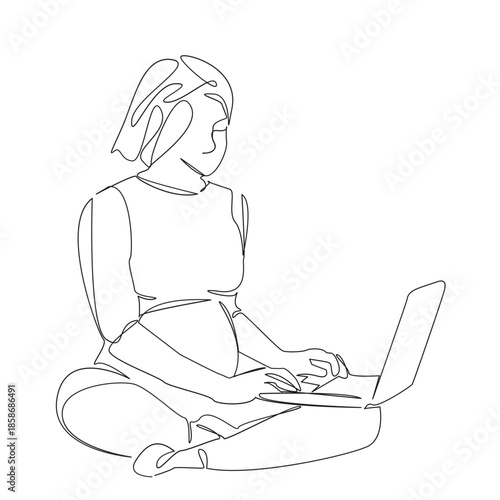One continuous single drawing line art flat doodle woman, laptop, belly, maternity, pregnancy, computer, pregnant. Isolated image hand draw contour on a white background, hand drawn, not AI