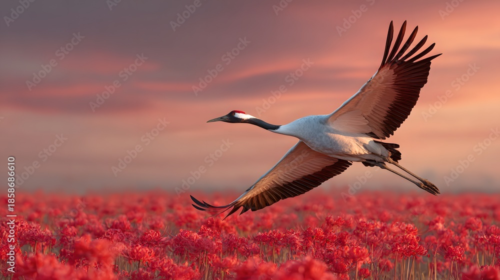 Fototapeta premium Majestic Crane Soars Over Vibrant Red Poppy Field at Sunset.