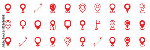 Collection of red map pin vector icon. Marker location icon set. Map pin place marker. Map marker pointer icon. GPS location symbol.