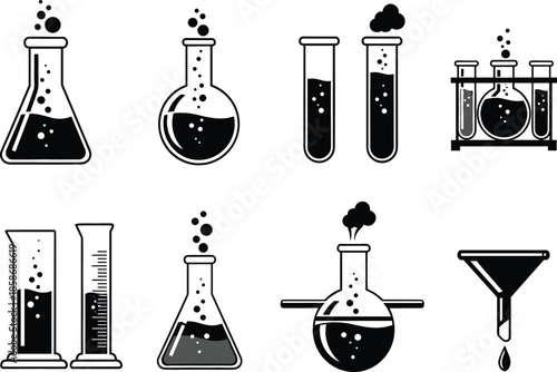 Black Silhouette Chemistry Lab Glassware Icon Set Vector Collection with Flasks, Test Tubes, Graduated Cylinders, and Funnel for Science and Research.