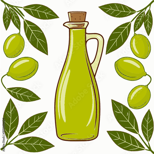 Olive oil bottle surrounded by fresh green olives and leaves  