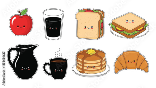 A colorful set of food and drink icons including cake coffee burgers pizza sandwiches and breakfast items in a simple cartoon style