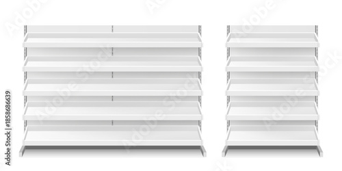 Empty supermarket shelves isolated on white background. 3d render