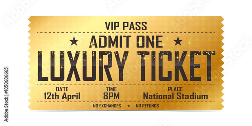 Luxury ticket vector template. Vector golden tickets isolated on whithe backgound. Cinema, theater, concert, game, party, event, festival black and gold ticket.