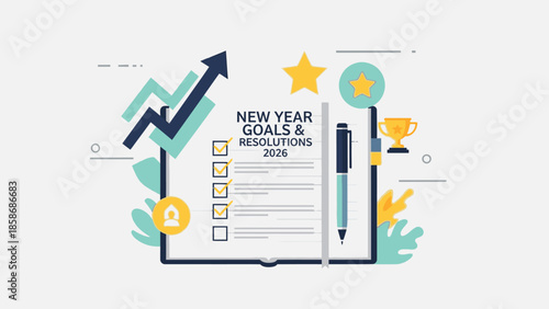 Flat lay of a New Year's goals and resolutions checklist for 2026 in the USA with a colorful, evergreen-themed background and office supplies.