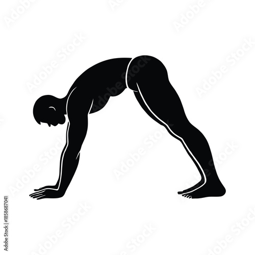 Black silhouette of a man in a downward facing dog yoga pose vector