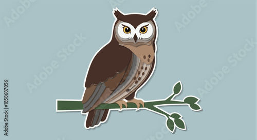 Stylized Paper cut Illustration of a Watchful Brown Owl with Yellow Eyes Perched on a Leafy Branch Against a Soft Blue Background