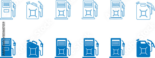 Variety of gas pump illustrations in different shades of blue on white background