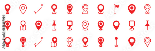Collection of red map pin vector icon. Marker location icon set. Red pin marker with white dot isolated on white background. Location map icon. Location pin