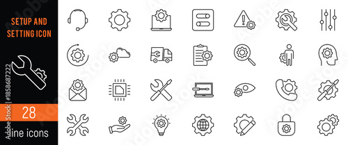 Settings icons. Outline symbols collection. Premium vector line icons set on white background. Gear setting and setup icon set. Contains configuration, option, operation, optimization, engineering