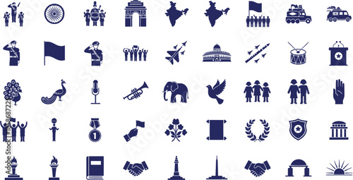 Collection of 35 unique blue icons on white background various symbols and landmarks