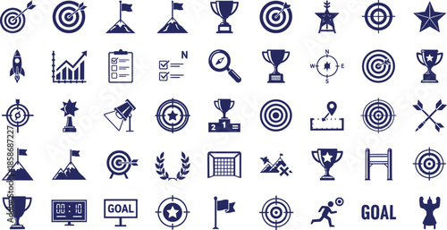 Collection of achievement and goal oriented icons in blue on white background