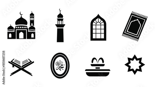 Islamic symbols and artifacts. set of vector icons with landmarks. 