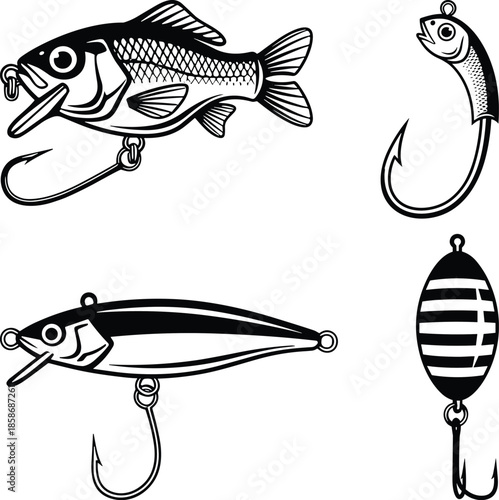 Black and white fishing lure icons set with hooks and baits isolated on white background, angling tackle equipment for outdoor sports fishing.