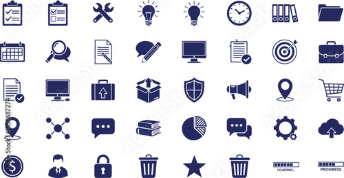 Collection of 25 black and white line icons for business finance real estate and housing