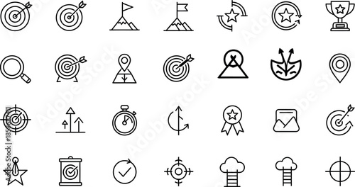 Collection of 25 unique line art icons on white background