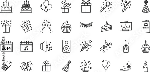 Collection of 25 black and white line drawings of various christmas and holiday themed icons and objects