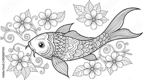 Black and white koi fish coloring page with floral patterns and swirling vines, adult coloring book illustration for stress relief and relaxation.