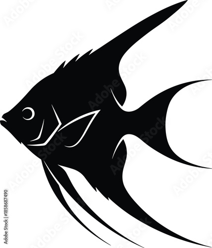 Black angelfish silhouette with long fins isolated on white background, tropical freshwater aquarium fish icon for pet shop, aquatic nature and nautical design.
