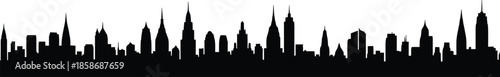 Black city skyline silhouette with various skyscrapers and tall buildings isolated on white background, urban panorama icon for downtown architecture and city.