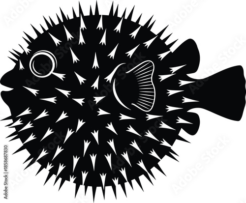 Black puffer fish silhouette with sharp spikes isolated on white background, tropical porcupinefish icon for saltwater aquarium, marine nature and nautical design.