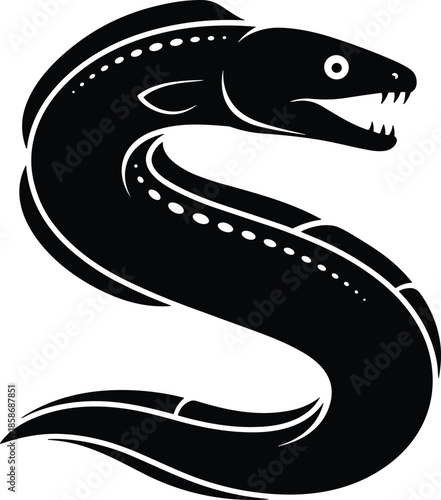 Black moray eel silhouette with sharp teeth isolated on white background, predatory sea creature icon for marine biology, aquatic nature and nautical design.