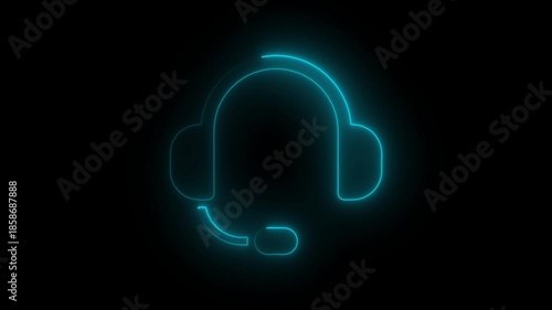 Blue Neon Headset with Microphone and Glowing Sound Wave on Black Background