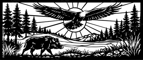 Wildlife Nature Scene with Eagle and Bear Vector, Decorative Panel  for Laser Cut and CNC