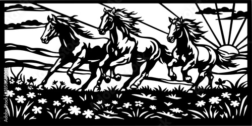 Wild Horses Nature Scene Decorative Panel Vector, SVG for Laser Cut and CNC