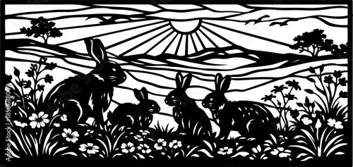 Nature Landscape with Rabbits Decorative Panel Vector, SVG for Laser Cut and CNC