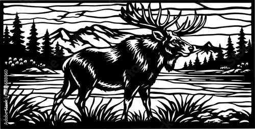 Nature Scene Triptych with Elk Engraving Vector, Decorative Panel for Laser Cut and CNC