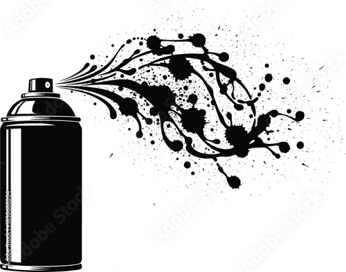 Black Silhouette Vector Illustration of an Aerosol Spray Paint Can with a Dynamic, Splashing Stream of Ink, Ideal for Graffiti and Street Art Themes.