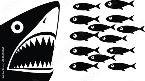 Black silhouette of a giant shark with open mouth chasing a school of small fish isolated on white background for marine danger.