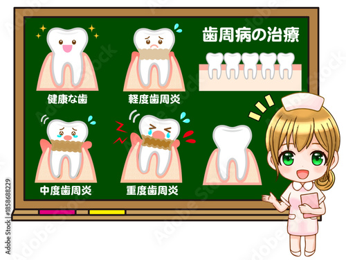 歯周病の説明をする歯科衛生士のちびキャライラスト素材